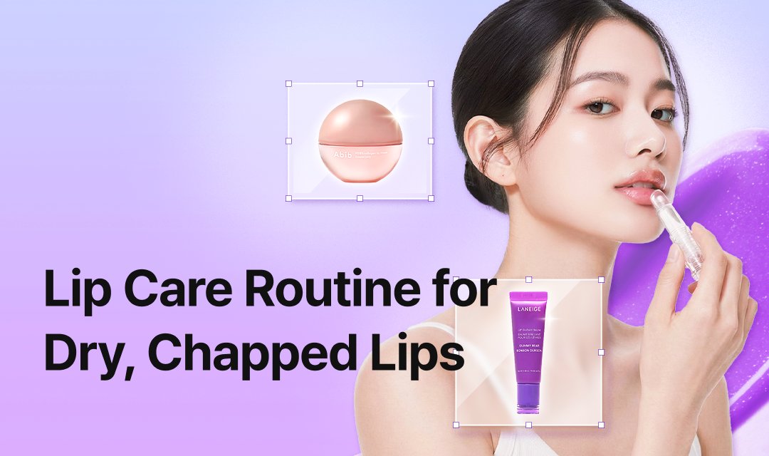 A promotional banner for a “Lip Care Routine for Dry, Chapped Lips,” featuring a woman applying a clear lip balm to her lips. The background shows a soft purple gradient, with product images including a round Abib lip product and a purple Laneige lip balm displayed around the model.