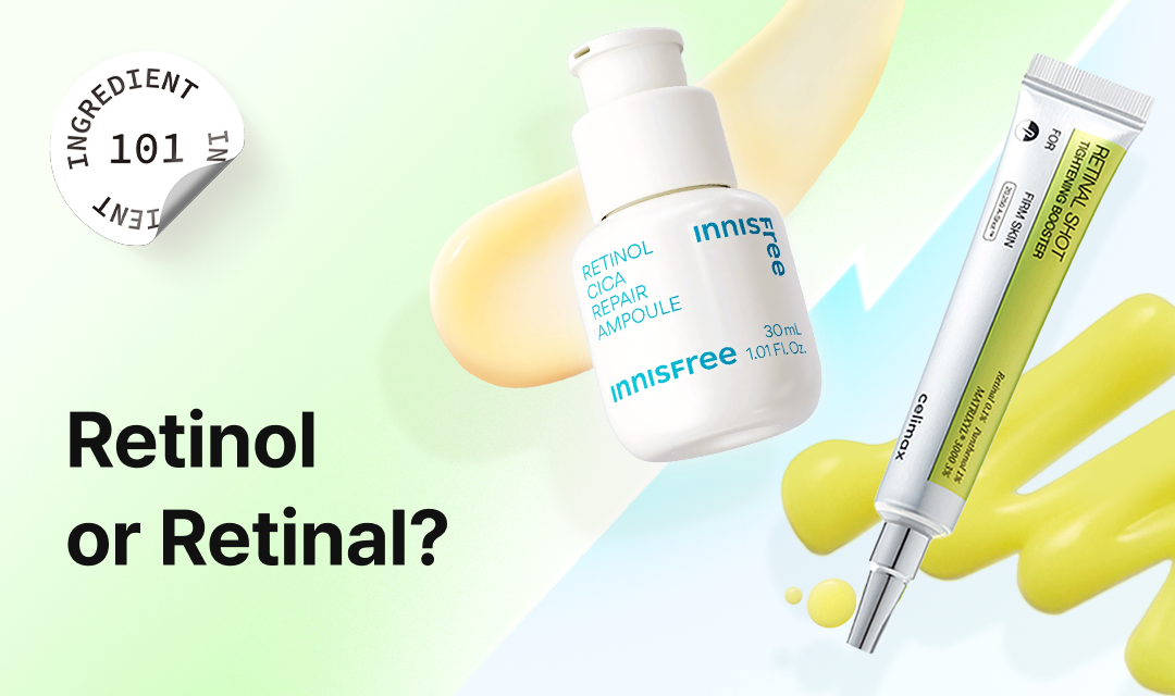 Korean skincare retinol vs retinal banner featuring Innisfree Retinol Cica Ampoule and Cellimax Retinal Shot, highlighting differences between retinol and retinal products