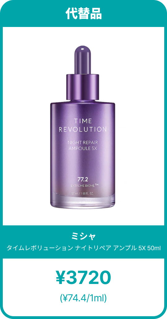 ミシャの「タイムレボリューション ナイトリペア アンプル5X」。パープルの光沢ボトルにしずく型のスポイトが付いた特徴的なデザインで、77.2%エクストリームバイオーム成分が記載されている。容量と1mlあたりの価格が表示された代替アンプルカード。