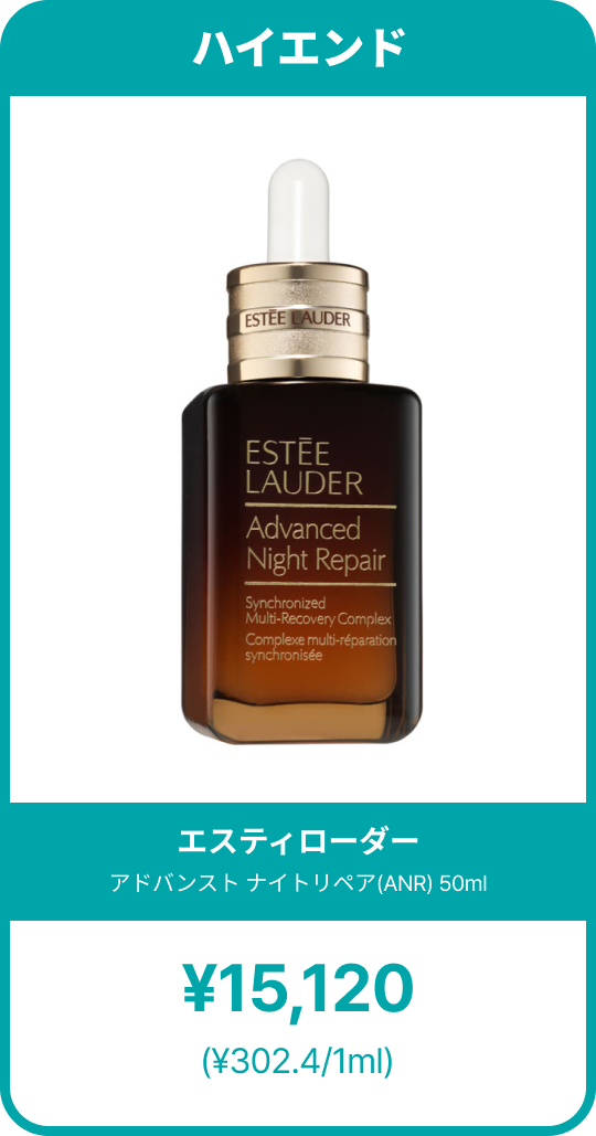 エスティローダーの「アドバンスド ナイトリペア(ANR)」美容液。深みのある琥珀色のガラスボトルにゴールドのキャップと白いスポイトが付いた高級感あるデザイン。製品名とテクスチャーを示すゴールド文字が正面に記載され、50mlサイズ・価格・1mlあたりのコストが表示されたハイエンド紹介カード。