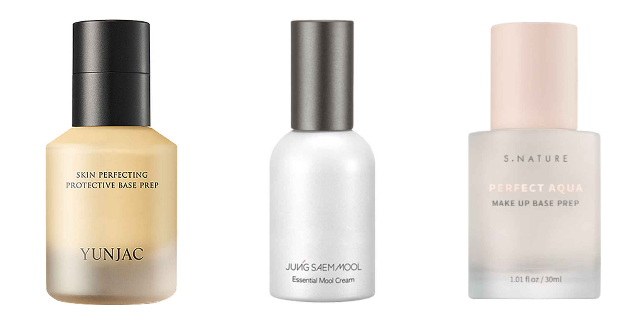 Image featuring three base-prep skincare products: Yunjac Skin Perfecting Protective Base Prep, Jung Saem Mool Essential Mool Cream, and S.Nature Perfect Aqua Make Up Base Prep, displayed side by side.
